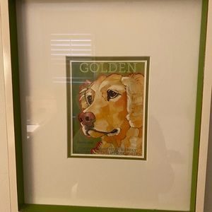 Golden retriever fun piece. Card in a green frame.